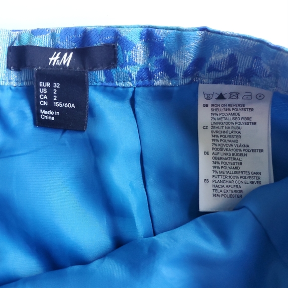 VTG Y2K H&M‎ Blue Metallic Mini Skirt Aqua Silver Shimmer High Waist Pencil XS 2 - Picture 7 of 10